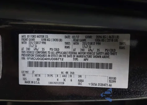 2017 Ford Escape Se from USA, damaged, VIN 1FMCU0GD4HUD06712